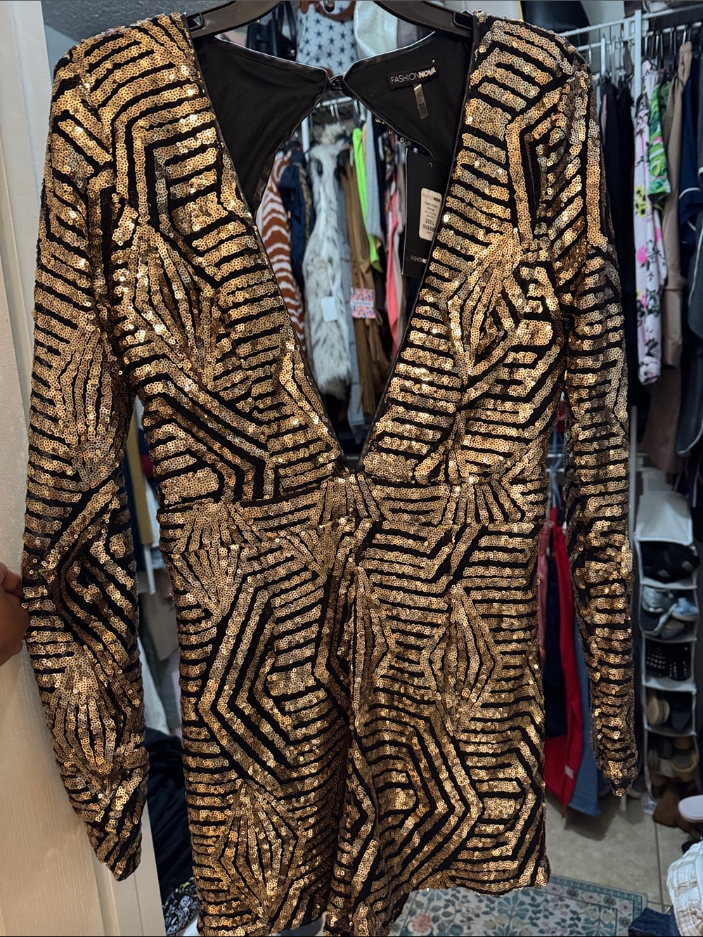 Fashion Nova Black and Gold Sequin Geometric Romper